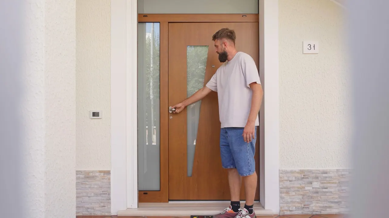 Portoncino blindato in rovere chiaro con vetro laterale